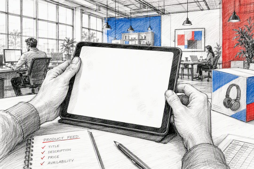 Manos ajustando una tablet para la auditoría del feed de productos