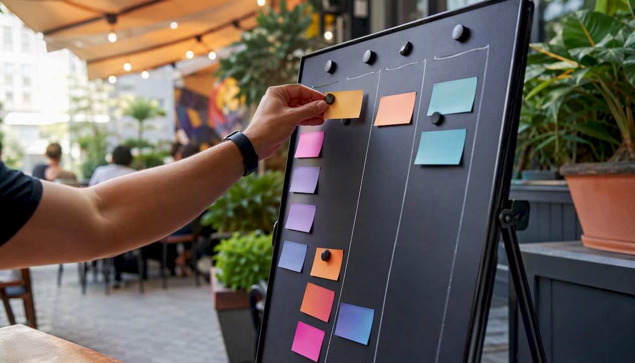 Hand placing card on Kanban board