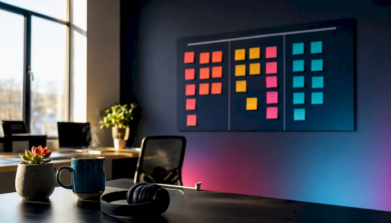 Minimalist Kanban board in modern workspace