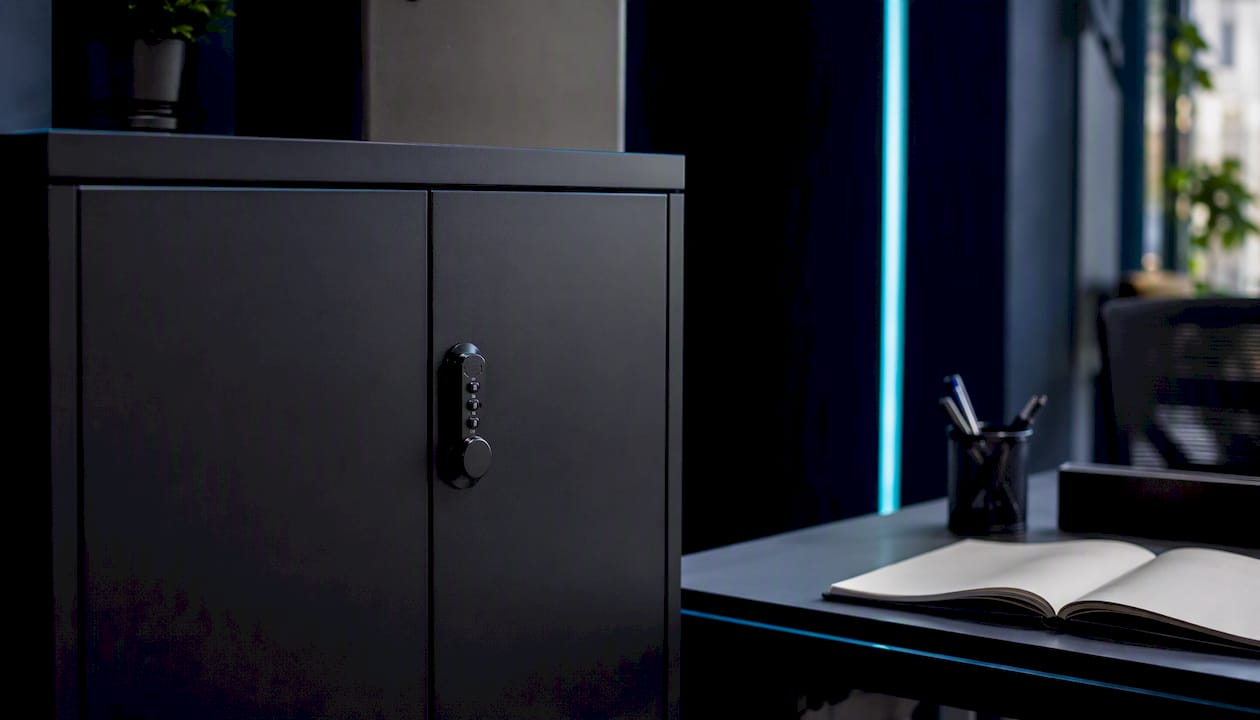 Secure locked cabinet in modern workspace