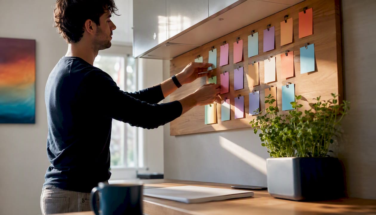 Freelancer placing task card on board