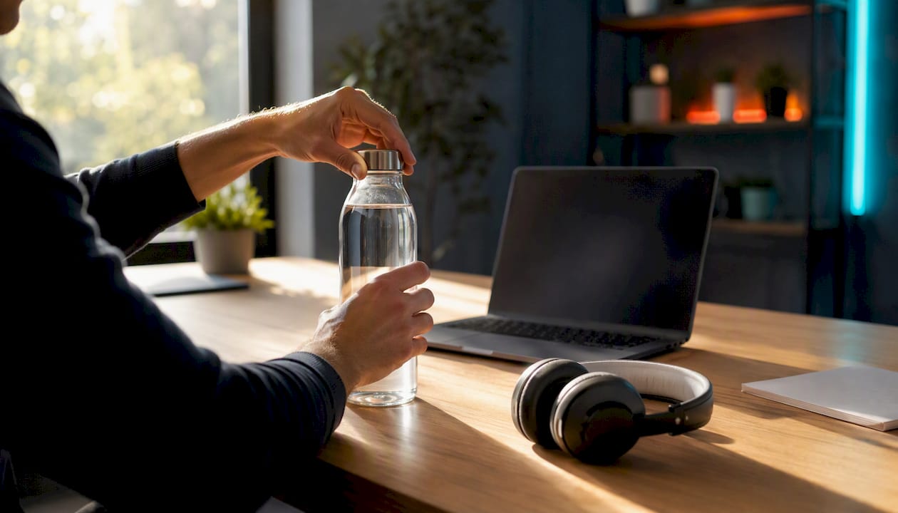 Hands unscrewing water bottle cap on tech desk