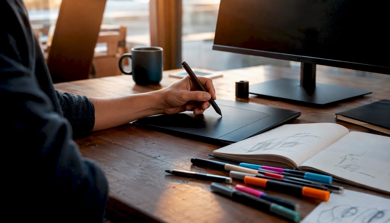 Hand drawing on graphics tablet in creative workspace