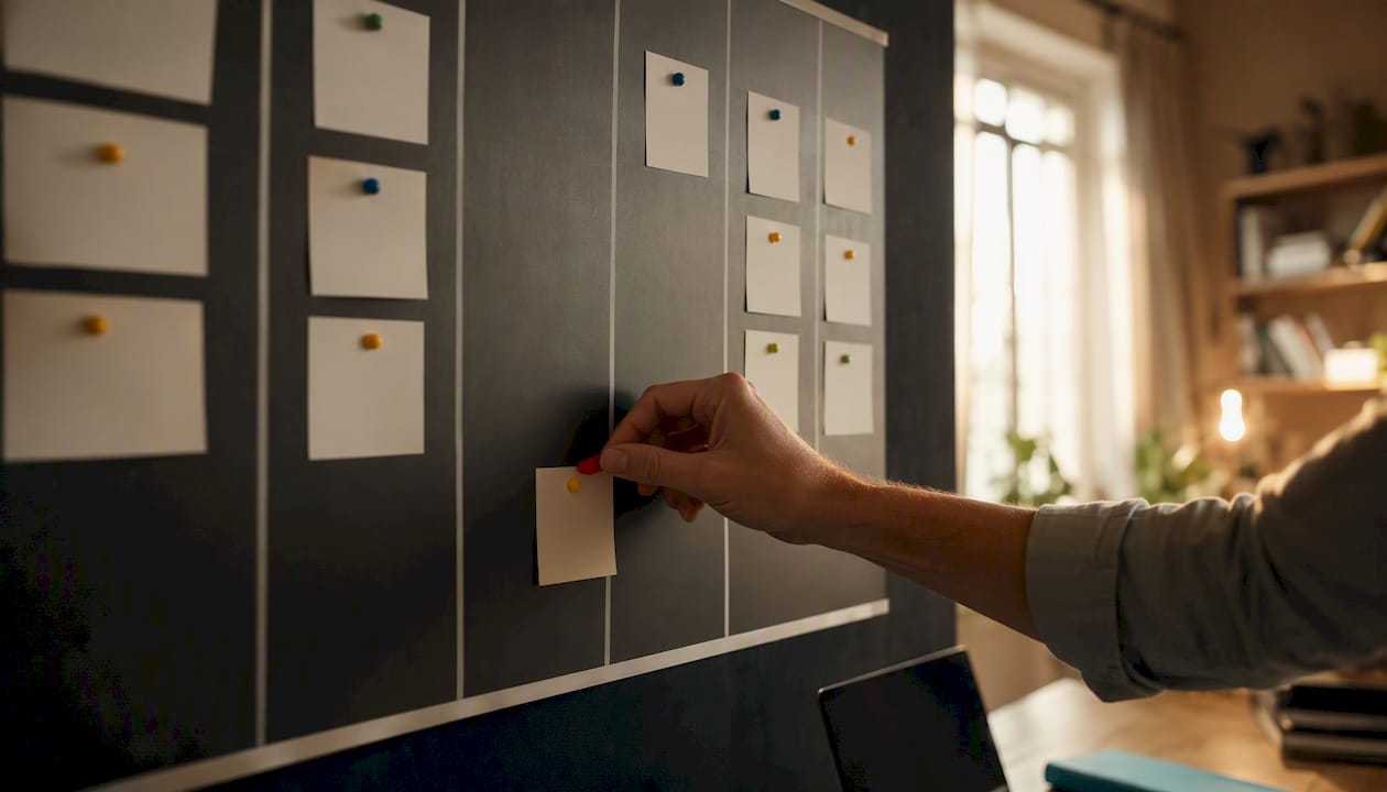 Hand placing stale label on sales pipeline board card