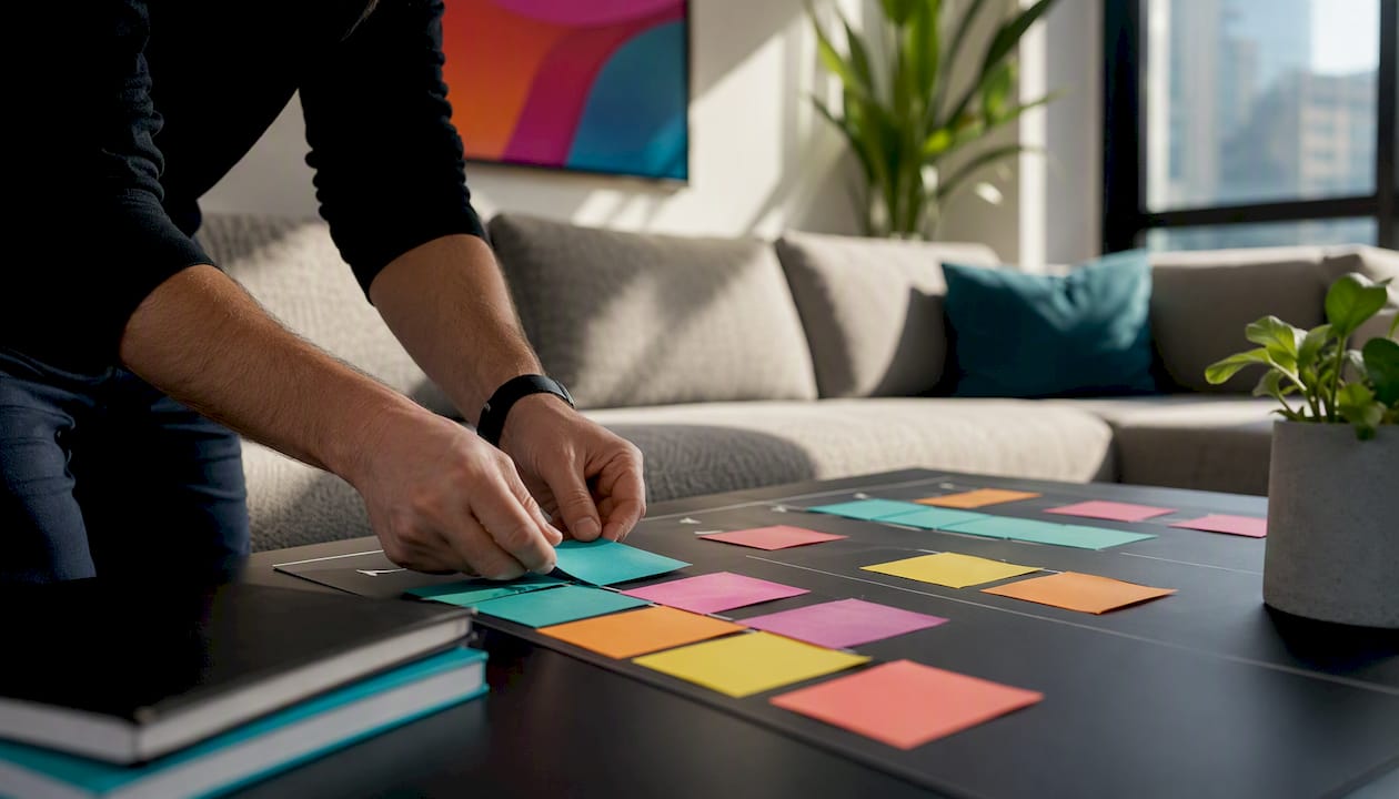 Hands arranging Kanban board cards