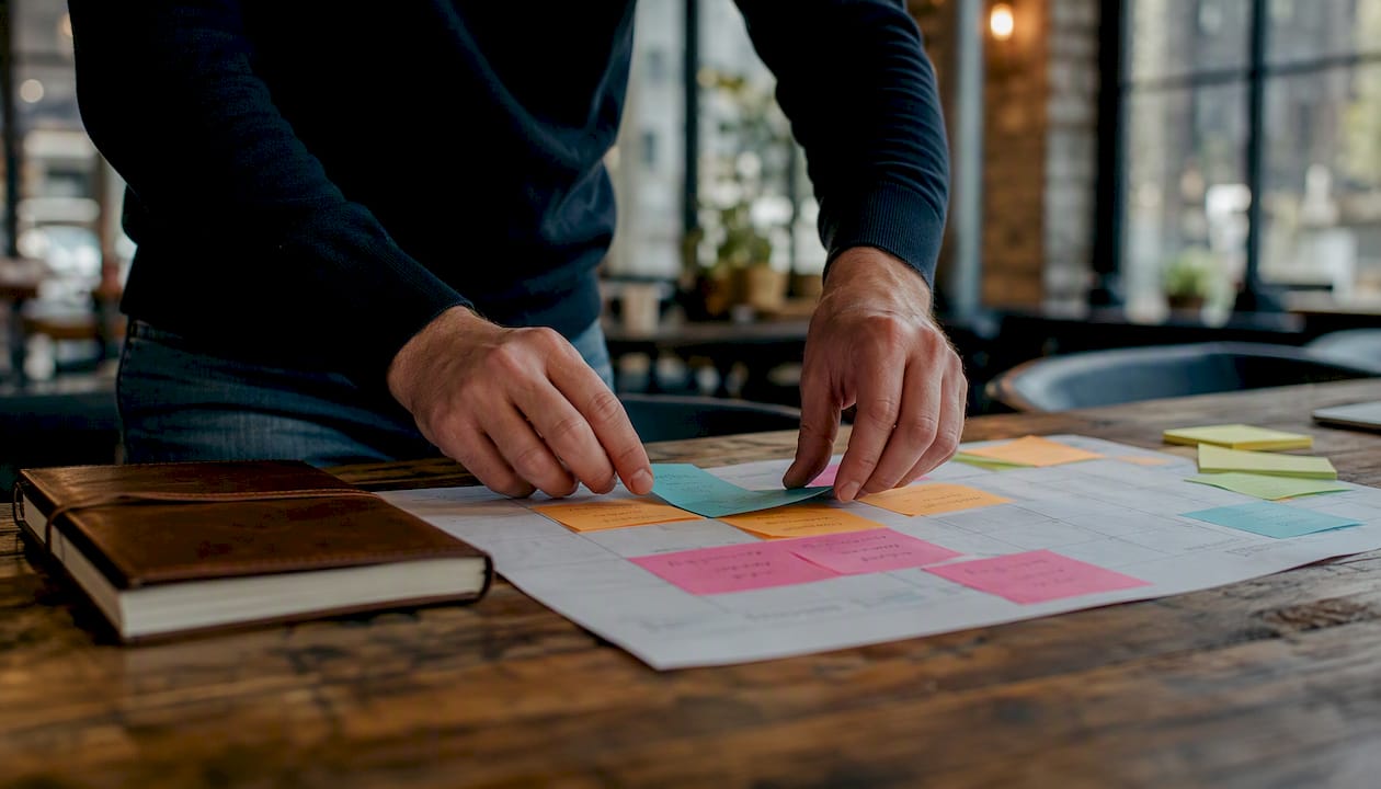 Hands rearranging sticky notes on a budgeting workspace
