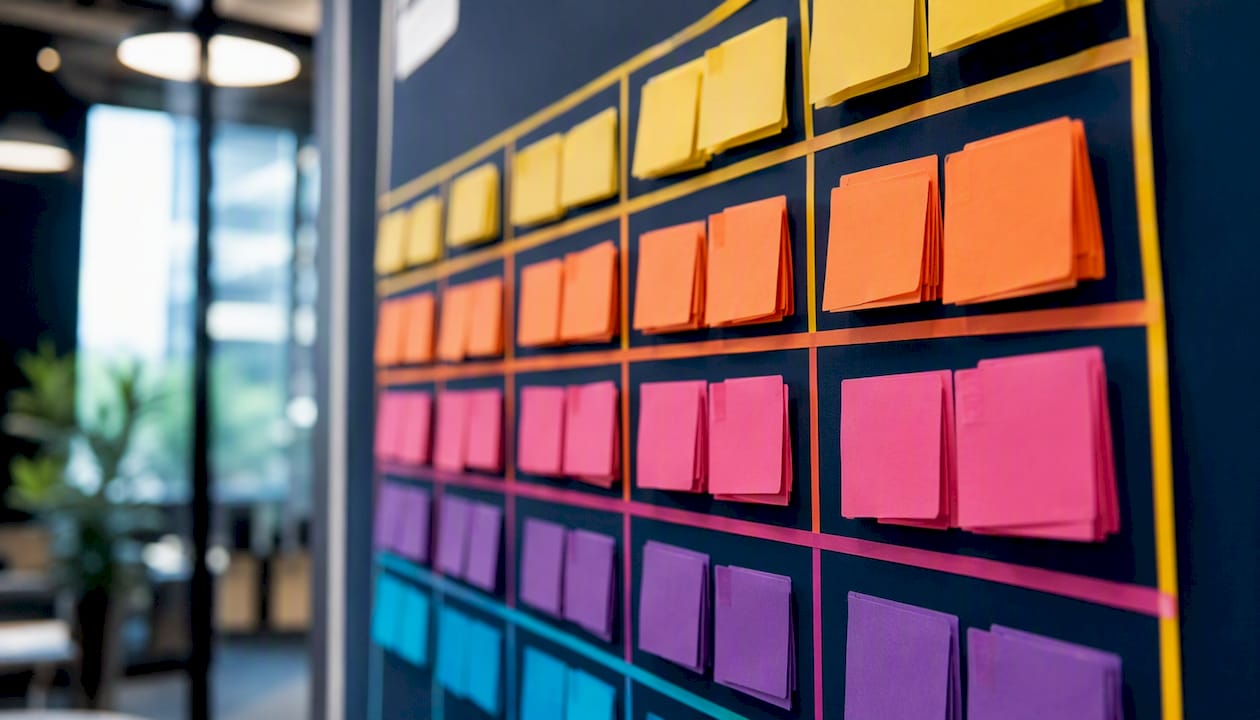 Kanban board showing swimlanes and task cards