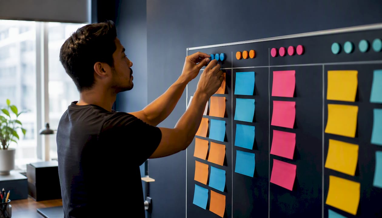 Hands adjusting WIP limit tokens on Kanban board