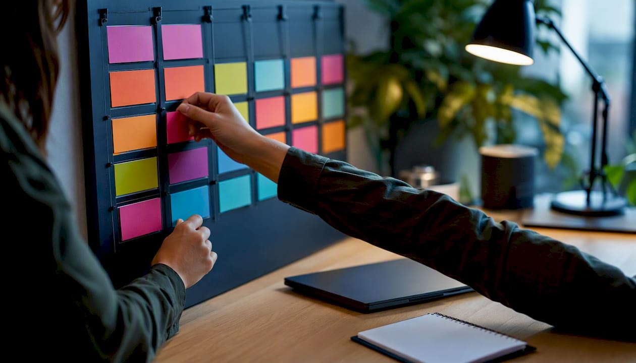 Hands adjusting task cards on kanban board columns