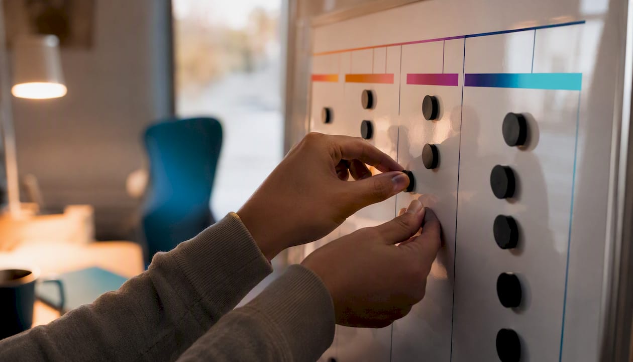 Hands moving task card between kanban sub-columns