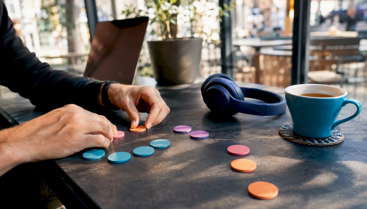 Hands arranging physical task cards for distributed teamwork