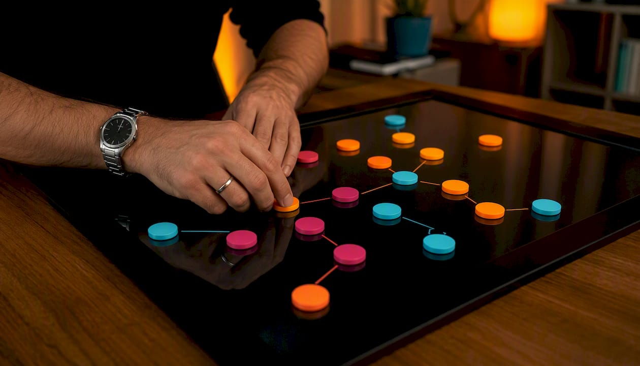 Hands organizing task tokens on collaboration board