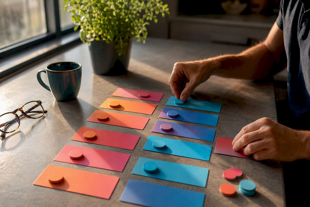 Hands arranging project task tokens on table