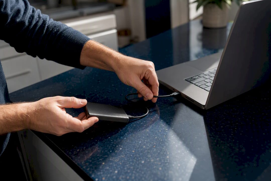 Hands connecting encrypted storage device