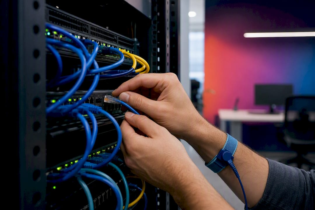 Hands connecting a network cable in server rack