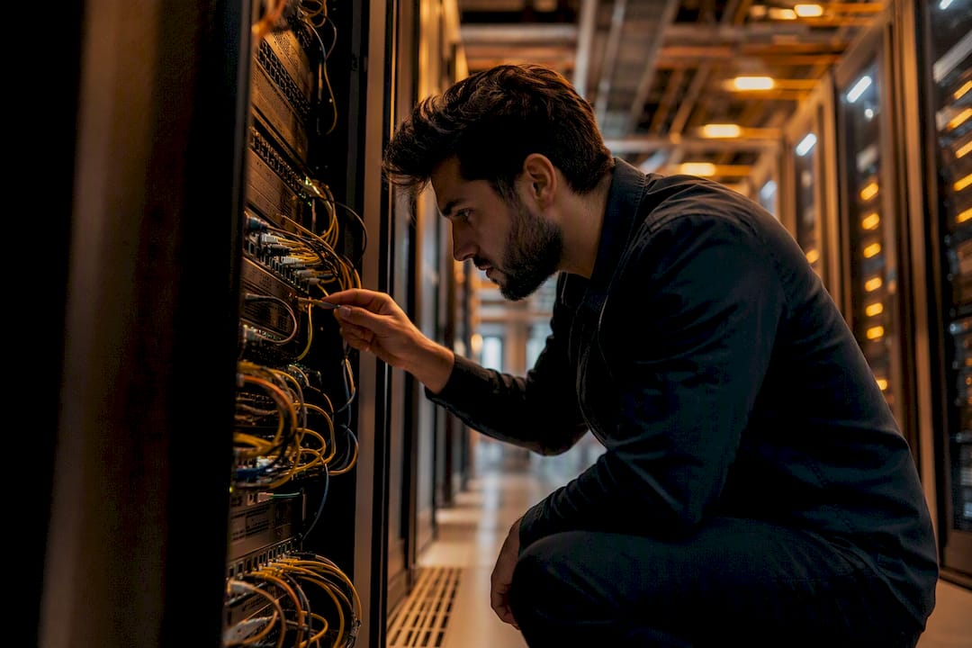Technician connecting network cable to server
