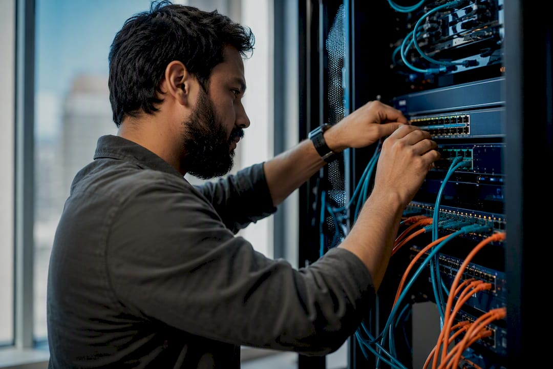 Hands resetting network cables in workspace
