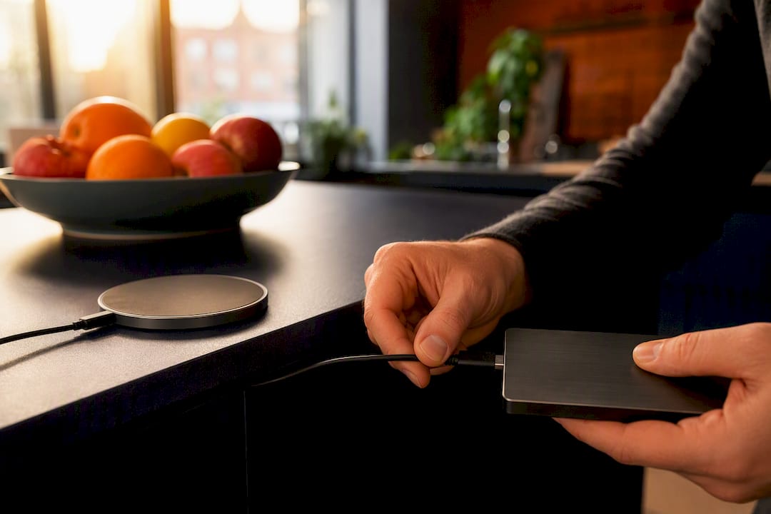 Hands connecting external drive for data backup