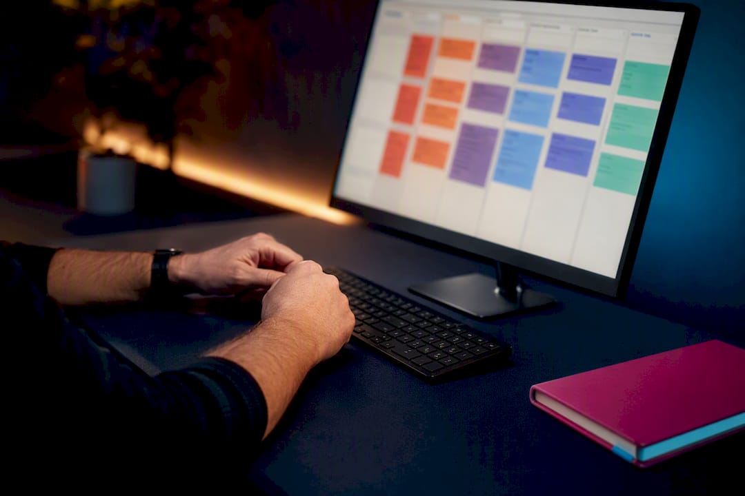 Excel Kanban board on a dark screen