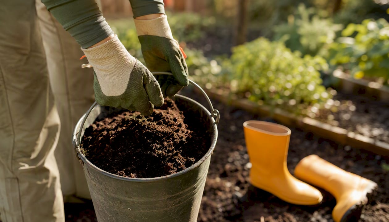 Hands lifting bucket of soil with gloves
