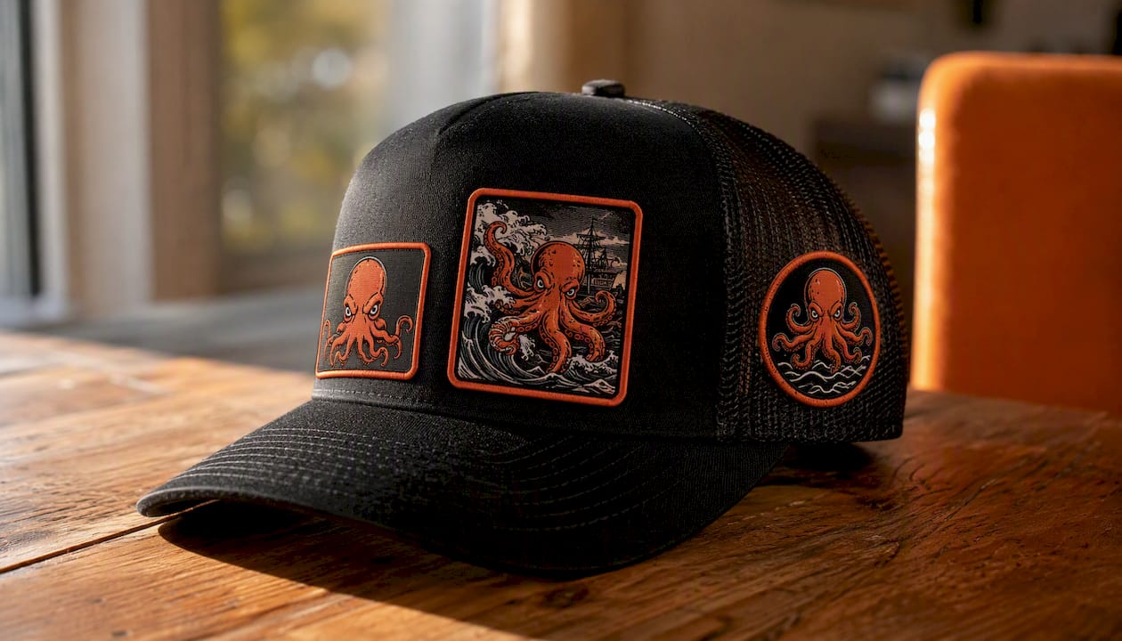 Trucker hat front with different sized patches