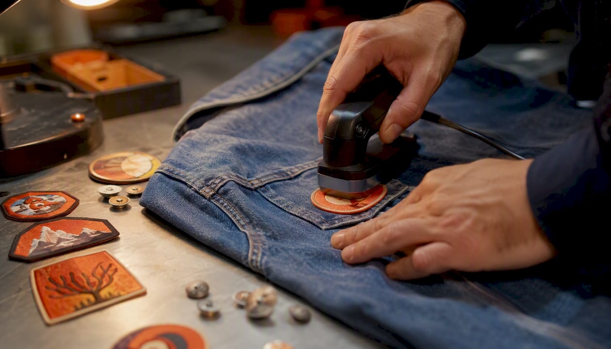 Hands heat-applying faux leather patch to denim