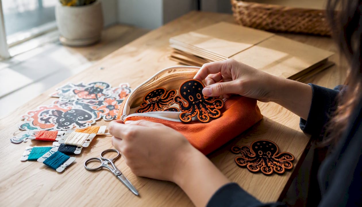 Hands packing custom patches for shipment