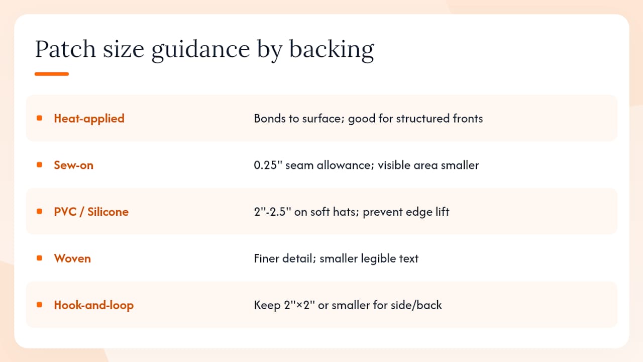 Diagram comparing patch attachment methods and recommended sizes