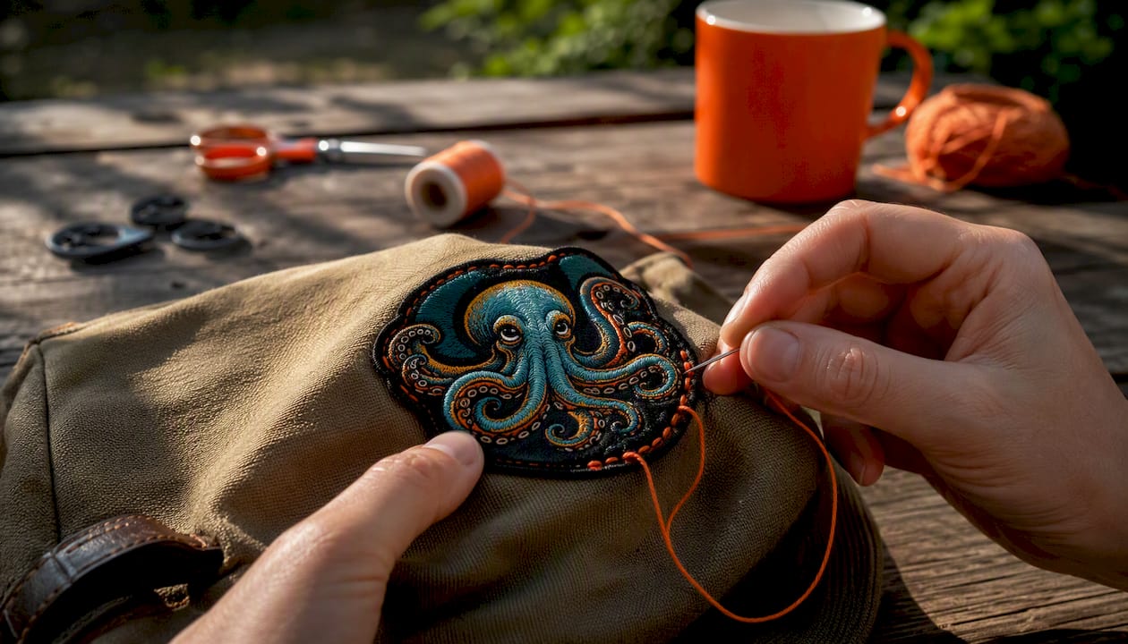 Hand sewing perimeter of patch on fabric
