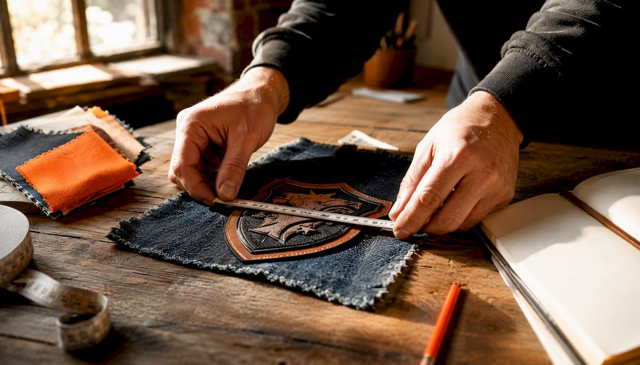 Hands measuring unique shaped patch width