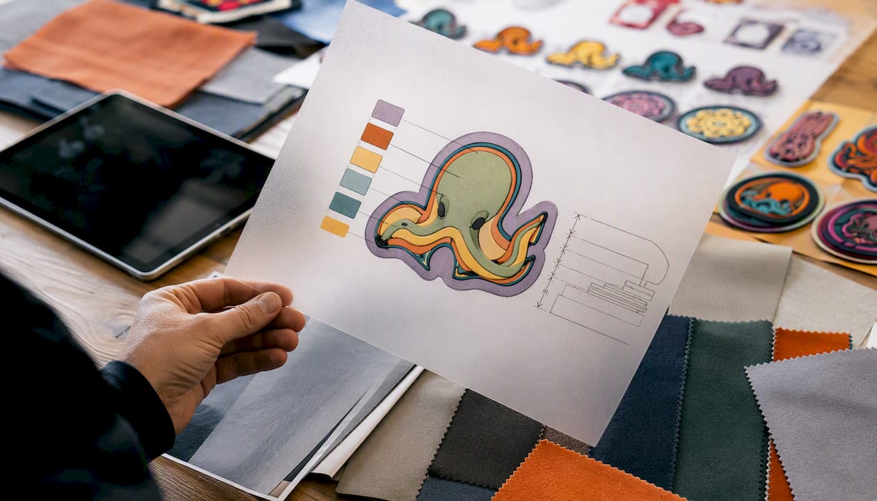 Hand showing color-coded patch artwork with foam height sketch