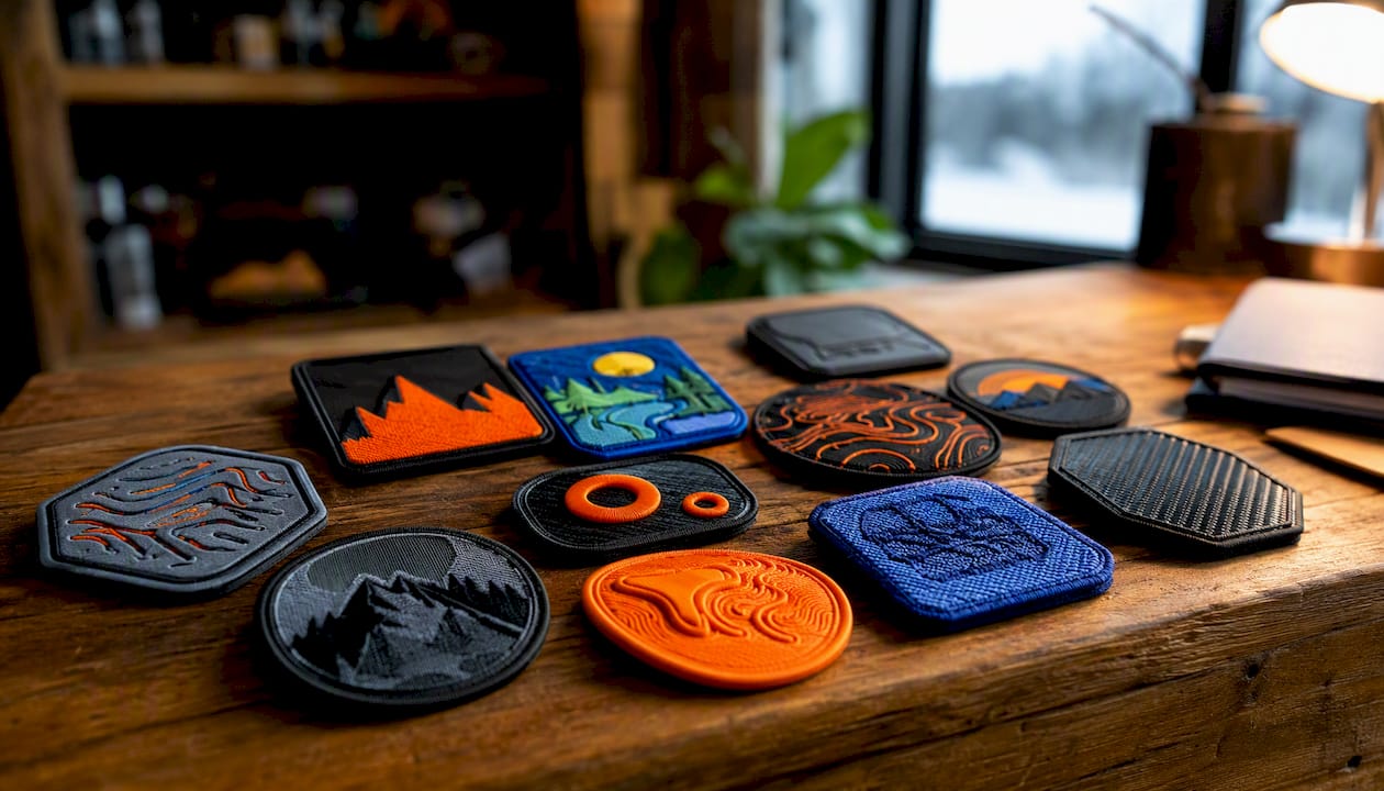 Close-up of faux leather and textured custom patches