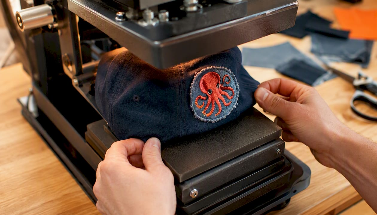Heat press applying patch on soft dad hat