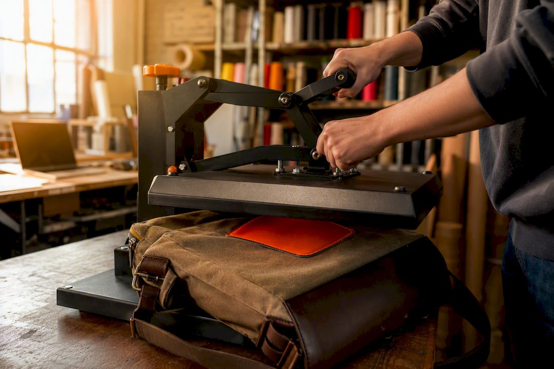 Hands using heat press to attach faux leather patch