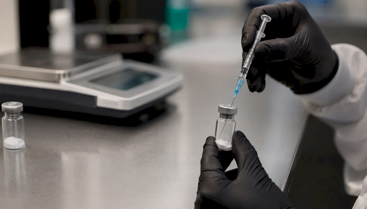 Gloved hand reconstituting peptide vial with sterile water