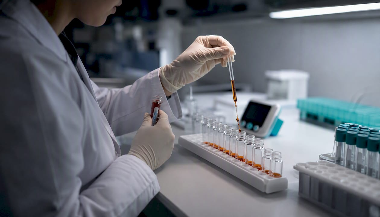 Technician handling blood serum samples in lab