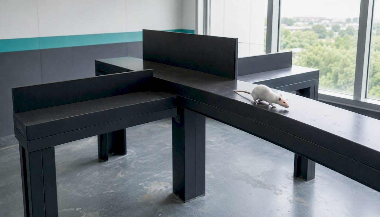 Rodent exploring elevated plus-maze in lab