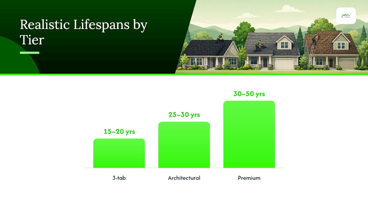 Diagram comparing asphalt shingle lifespan by type and warranties
