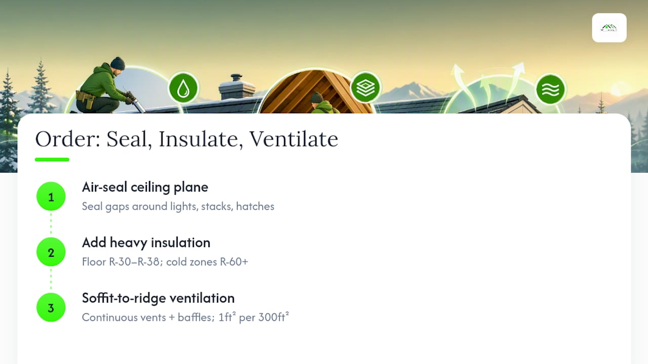 Diagram of insulation and ventilation steps for ice dam prevention