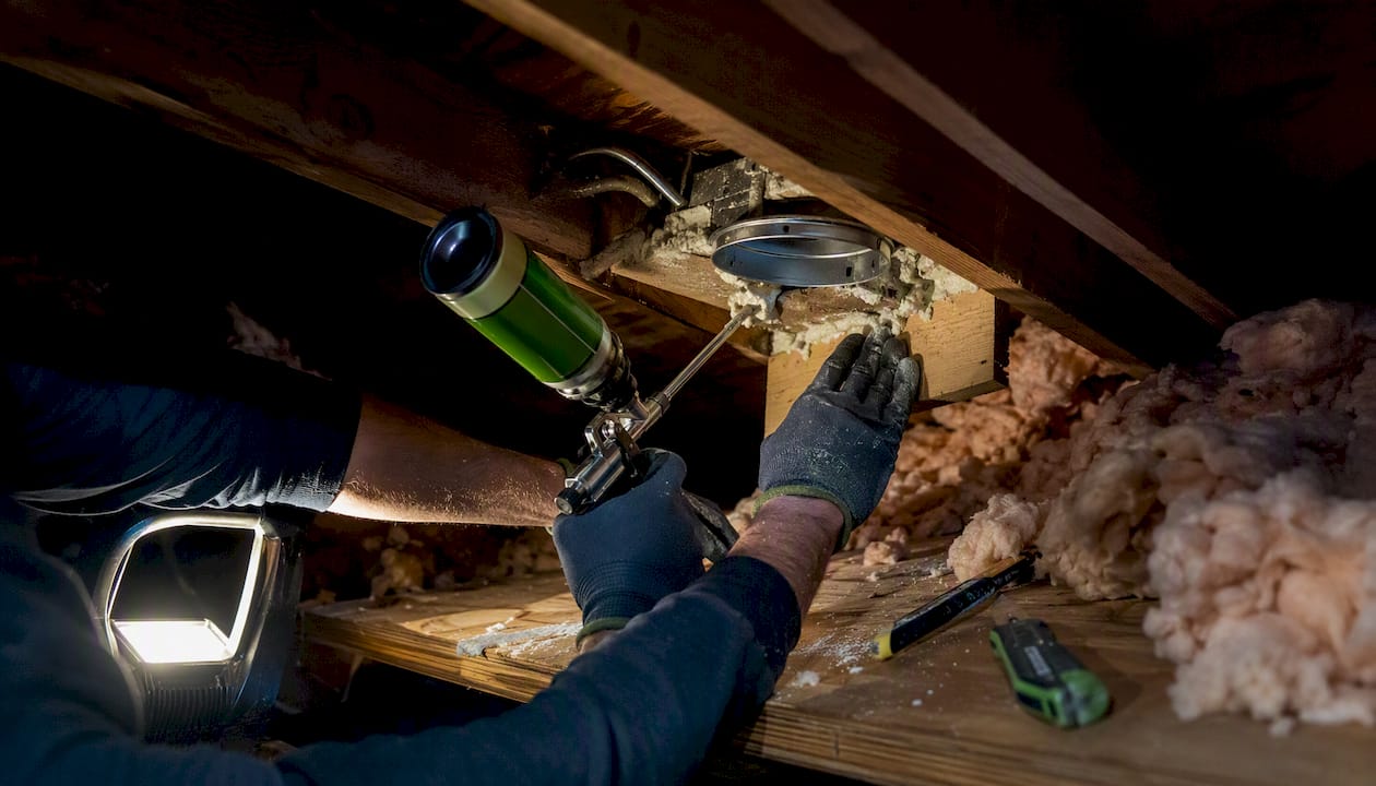 Hands sealing attic ceiling gap around light