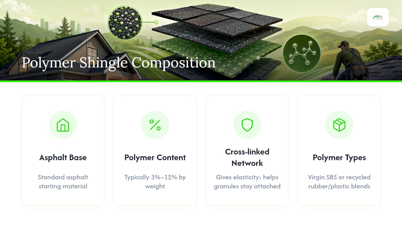 Diagram of polymer modified shingle composition and polymer types
