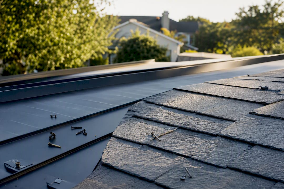 Side by side metal and synthetic slate roofing samples
