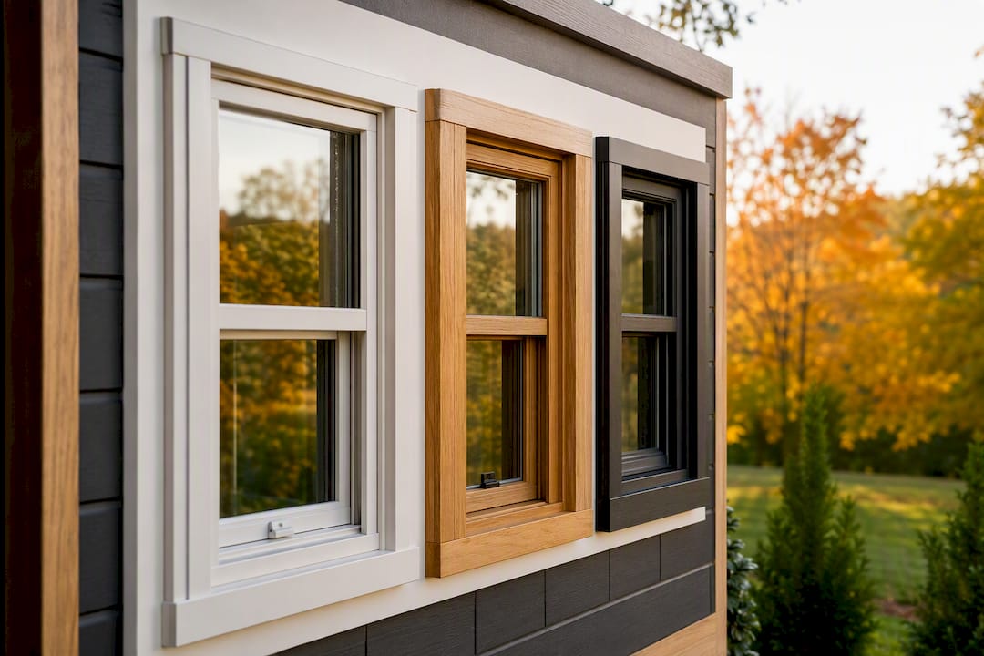 Various window frame materials close-up outdoor