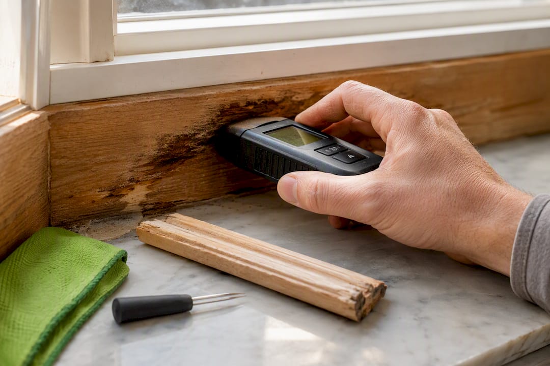 Moisture meter checking a wooden window sill