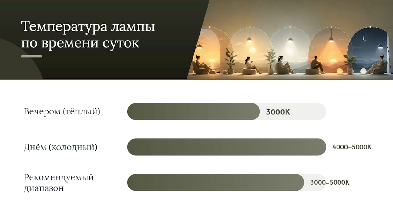 Сравнительная таблица: как цветовая температура ламп и уровень диммирования влияют на яркость и ослепление