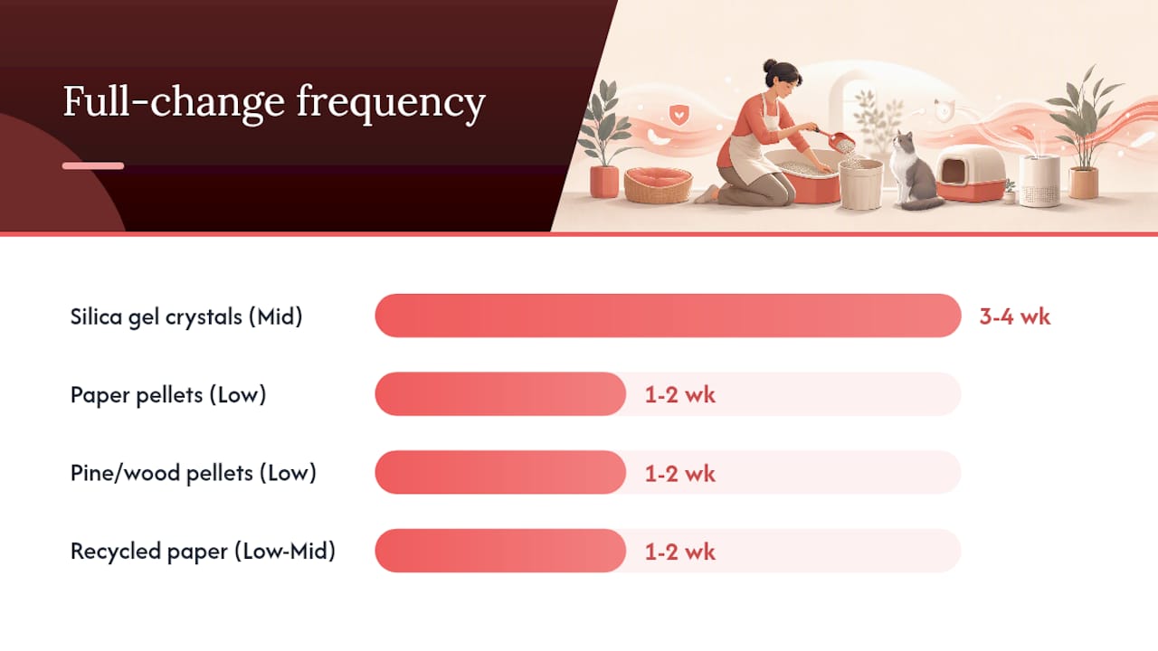 Diagram comparing cat litter materials by cost and changing frequency
