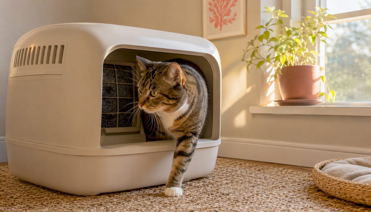 Cat entering litter box with carbon filter hood