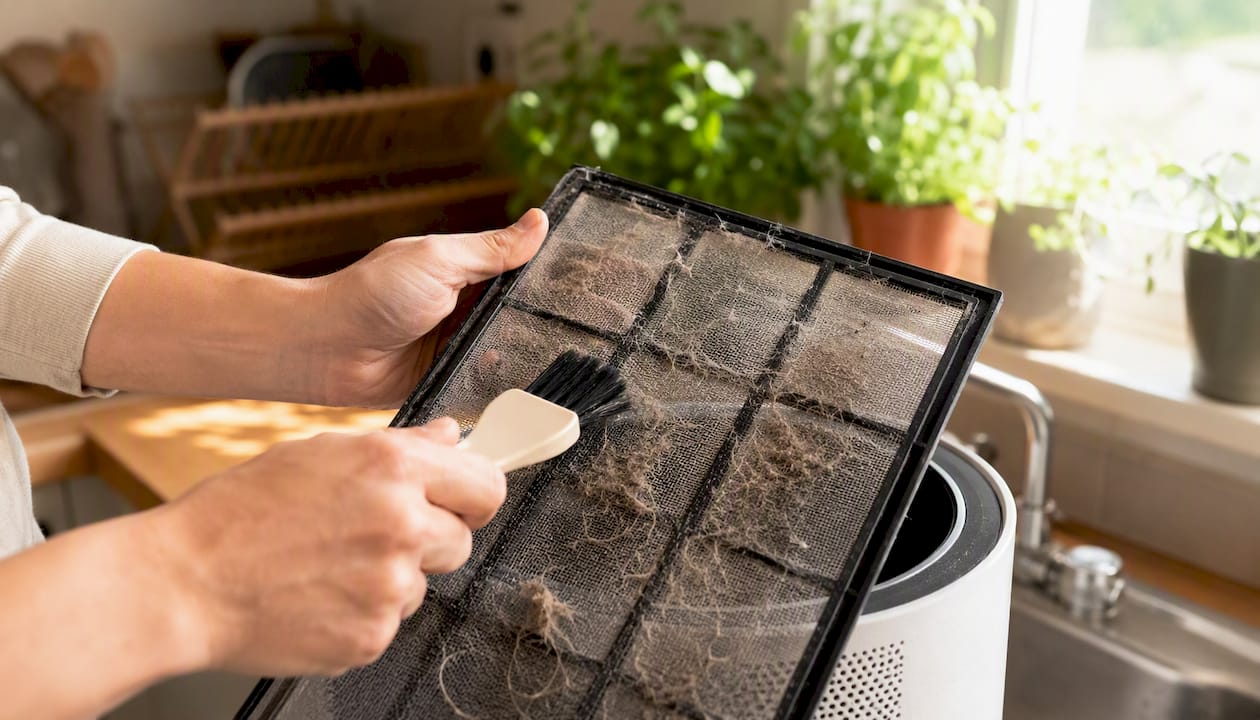 Hands cleaning pre-filter mesh of air purifier