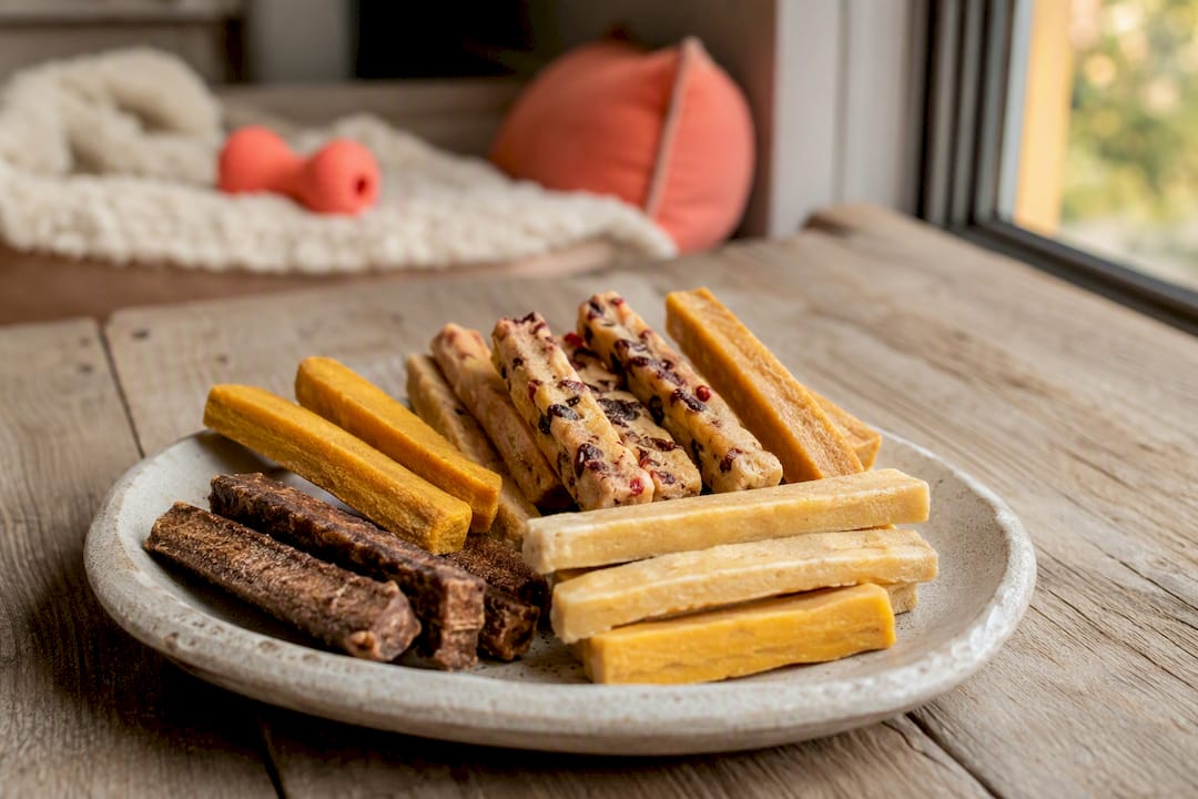 Variety of flavored yak chews on plate