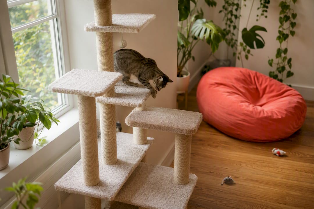 Cat climbing floor to ceiling cat tree by window